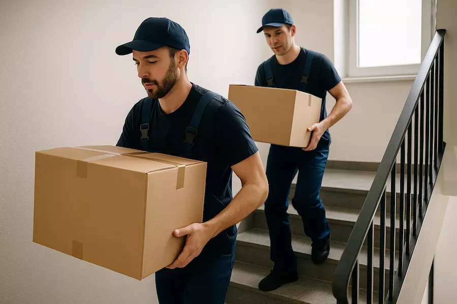 Flyttgubbar bär kartonger i trapphus utan hiss – tung flytt